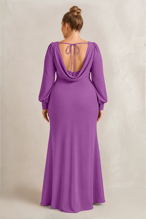 Amethyst Long Sleeve V-Neck Sheath Chiffon Bridesmaid Dress (2) [sizeplus] | KISSBRIDAL