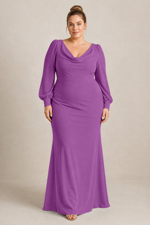Amethyst Long Sleeve V-Neck Sheath Chiffon Bridesmaid Dress [sizeplus] | KISSBRIDAL