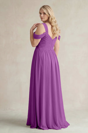 Amethyst Off-the-Shoulder A-Line Chiffon Bridesmaid Dress With Slit (2) | KISSBRIDAL