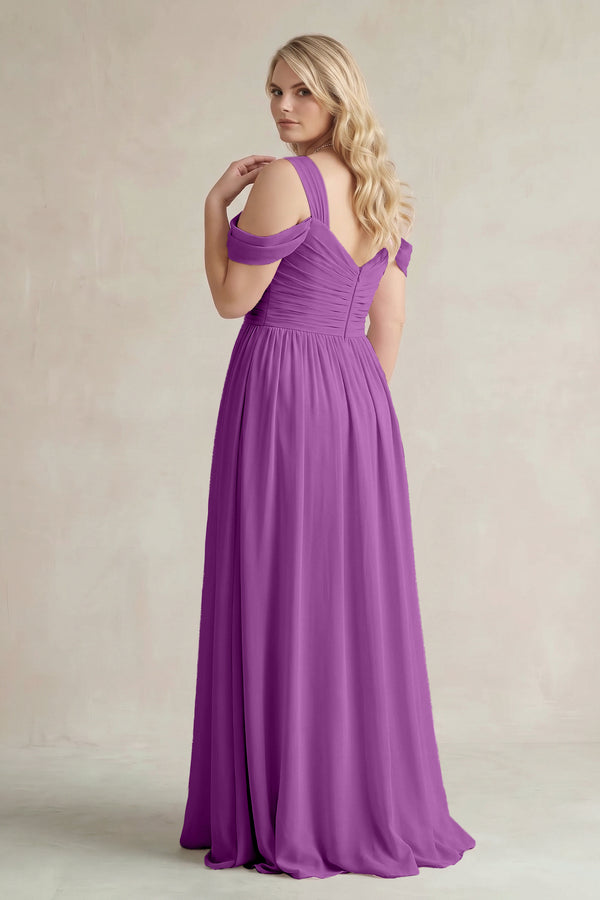 Amethyst Off-the-Shoulder A-Line Chiffon Bridesmaid Dress With Slit (2) | KISSBRIDAL