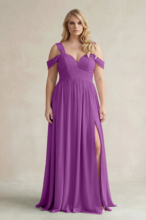 Amethyst Off-the-Shoulder A-Line Chiffon Bridesmaid Dress With Slit | KISSBRIDAL