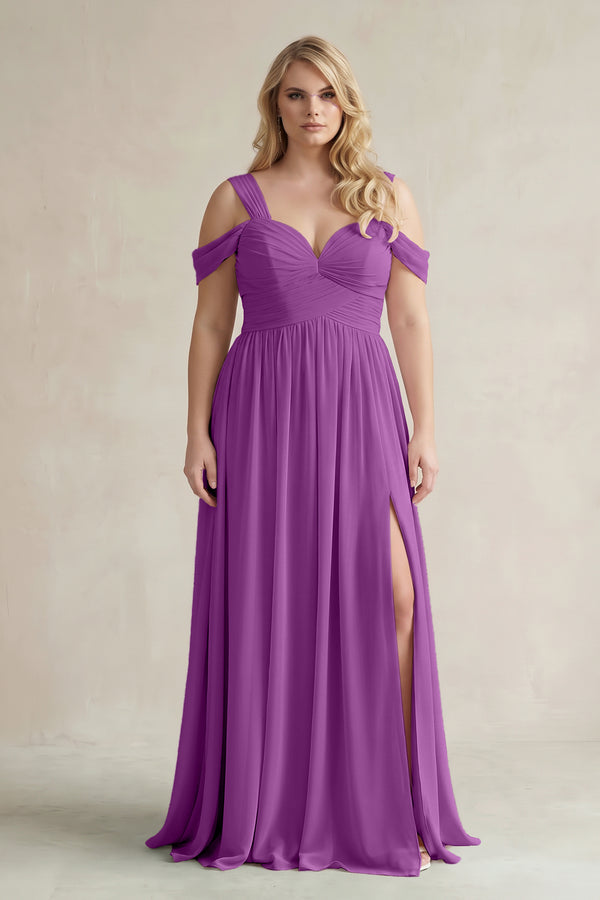 Amethyst Off-the-Shoulder A-Line Chiffon Bridesmaid Dress With Slit | KISSBRIDAL