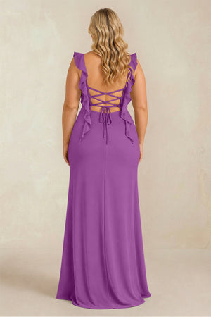 Amethyst Ruffled Sleeve Ruched Sheath Chiffon Bridesmaid Dress (2) [sizeplus] | KISSBRIDAL