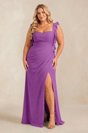 Amethyst Ruffled Sleeve Ruched Sheath Chiffon Bridesmaid Dress [sizeplus] | KISSBRIDAL