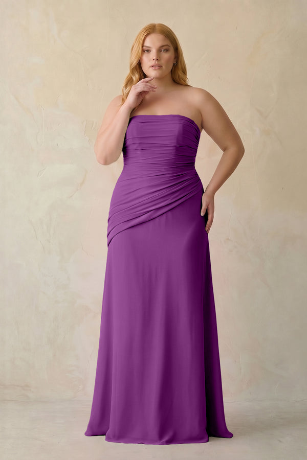 Amethyst Sheath Chiffon Strapless Pleated Bridesmaid Dress (3) | KISSBRIDAL[sizeplus]