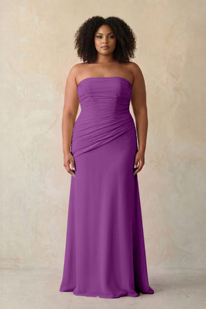 Amethyst Sheath Chiffon Strapless Pleated Bridesmaid Dress | KISSBRIDAL[sizeplus]