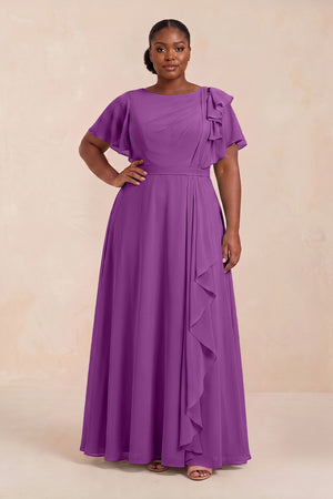 Amethyst Short Sleeves Bateau A-Line Chiffon Bridesmaid Dress (3) [sizeplus] | KISSBRIDAL