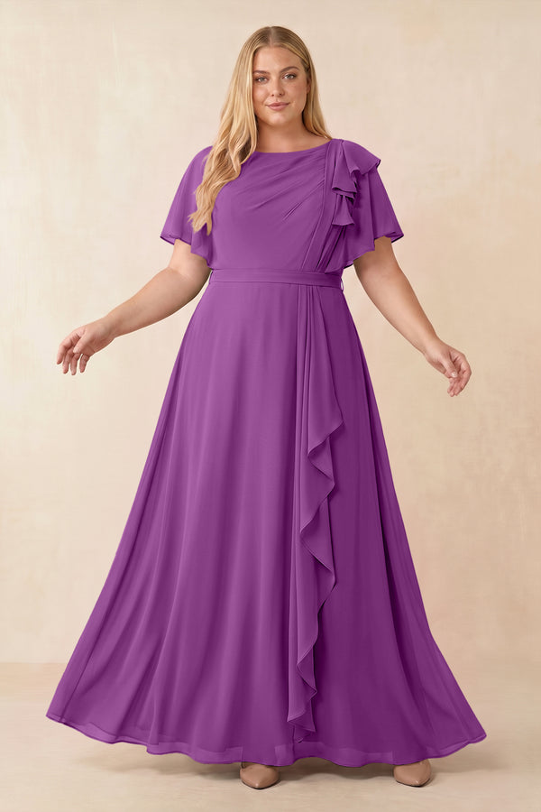 Amethyst Short Sleeves Bateau A-Line Chiffon Bridesmaid Dress [sizeplus] | KISSBRIDAL
