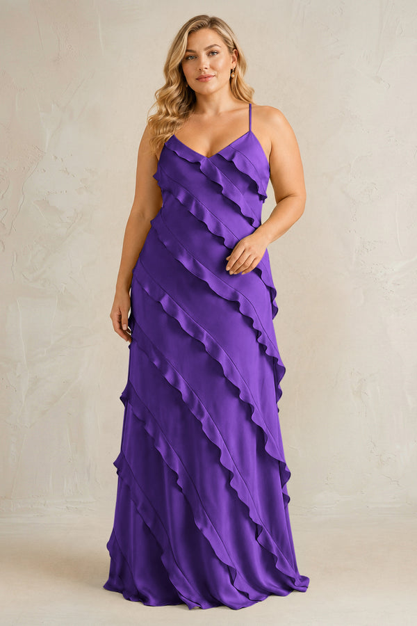 Amethyst Spaghetti Straps Sheath Stain Ruffled Bridesmaid Dress | KISSBRIDAL[sizeplus]
