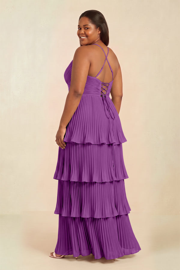 Amethyst Tiered Pleated V-Neck A-Line Chiffon Bridesmaid Dress (2) [sizeplus] | KISSBRIDAL