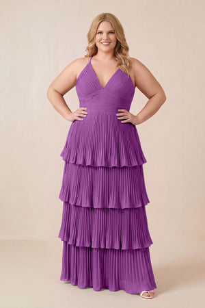 Amethyst Tiered Pleated V-Neck A-Line Chiffon Bridesmaid Dress (3) [sizeplus] | KISSBRIDAL