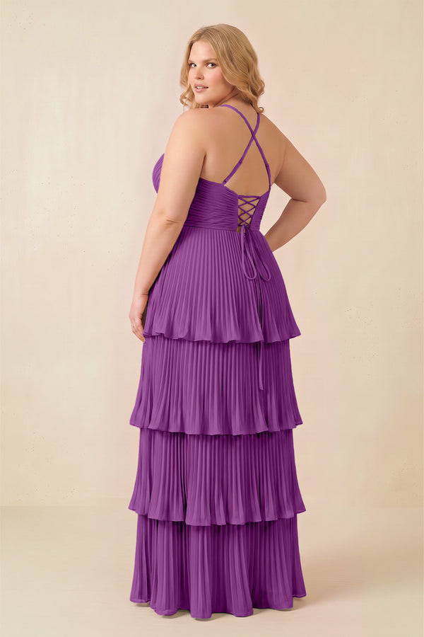 Amethyst Tiered Pleated V-Neck A-Line Chiffon Bridesmaid Dress (4) [sizeplus] | KISSBRIDAL
