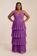 Amethyst Tiered Pleated V-Neck A-Line Chiffon Bridesmaid Dress [sizeplus] | KISSBRIDAL