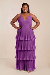 Amethyst Tiered Pleated V-Neck A-Line Chiffon Bridesmaid Dress [sizeplus] | KISSBRIDAL