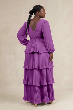 Amethyst V-Neck Tiered A-Line Long Sleeve Bridesmaid Dress (2) [sizeplus] | KISSBRIDAL