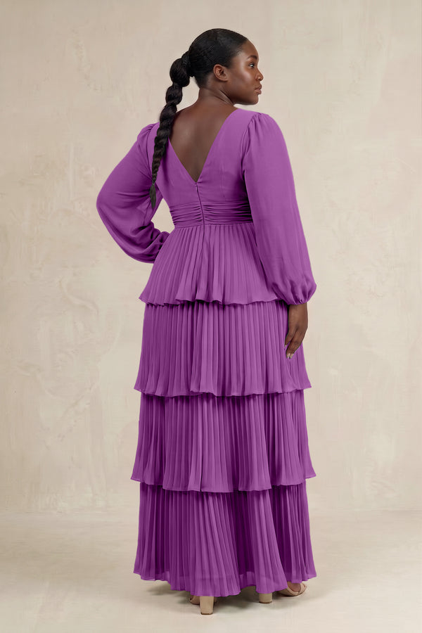 Amethyst V-Neck Tiered A-Line Long Sleeve Bridesmaid Dress (2) [sizeplus] | KISSBRIDAL