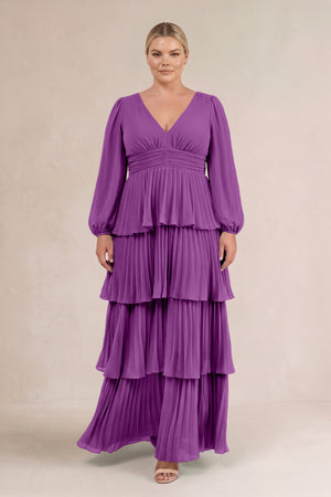 Amethyst V-Neck Tiered A-Line Long Sleeve Bridesmaid Dress (3) [sizeplus] | KISSBRIDAL
