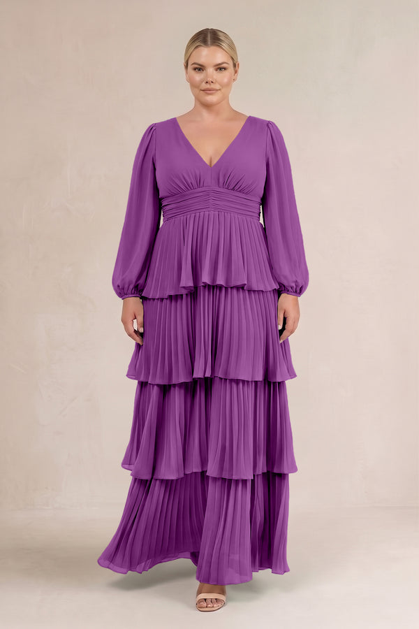 Amethyst V-Neck Tiered A-Line Long Sleeve Bridesmaid Dress (3) [sizeplus] | KISSBRIDAL