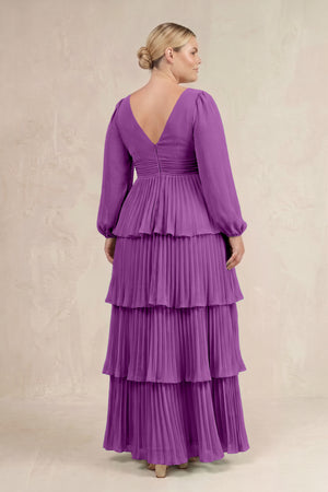 Amethyst V-Neck Tiered A-Line Long Sleeve Bridesmaid Dress (4) [sizeplus] | KISSBRIDAL