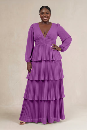 Amethyst V-Neck Tiered A-Line Long Sleeve Bridesmaid Dress [sizeplus] | KISSBRIDAL
