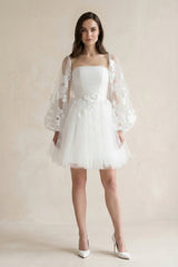 Appliqued A - Line Tulle Strapless Mini Wedding Dress With Sleeves in White - KISS BRIDAL Wedding Dresses
