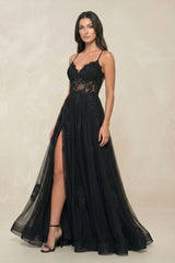 Appliqued A - Line Tulle Sweetheart Wedding Dress with Slit in Black - KISS BRIDAL Wedding Dresses