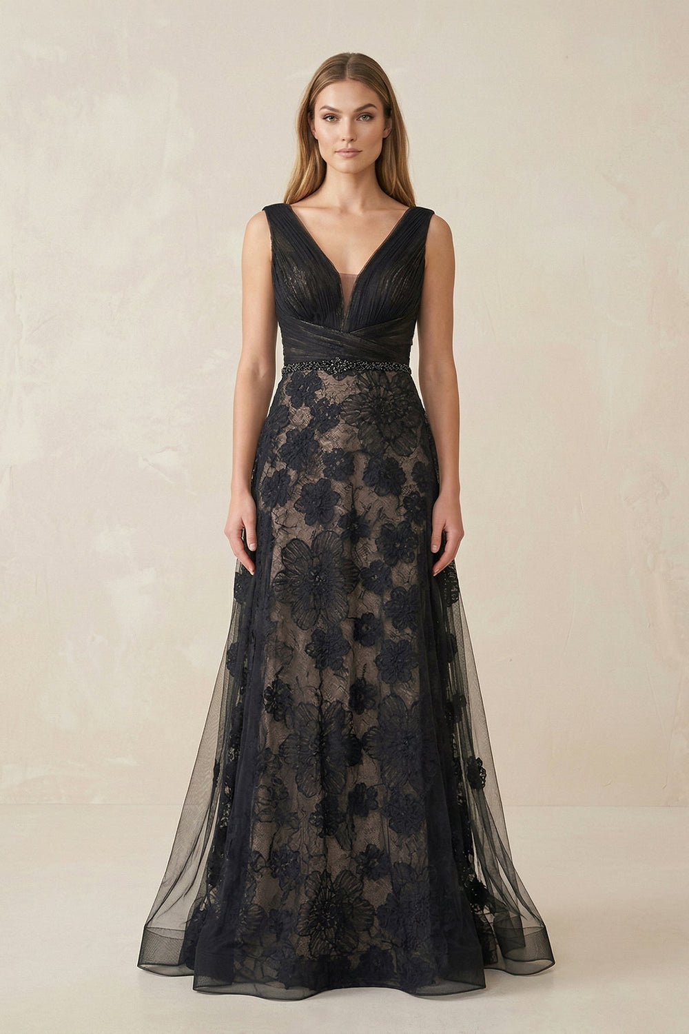 Appliqued Plunge Mermaid Tulle Wedding Dress in Black - KISS BRIDAL Wedding Dresses