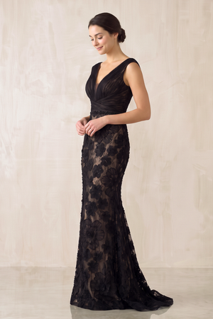 Appliqued Plunge Mermaid Tulle Wedding Dress in Black - KISS BRIDAL Wedding Dresses