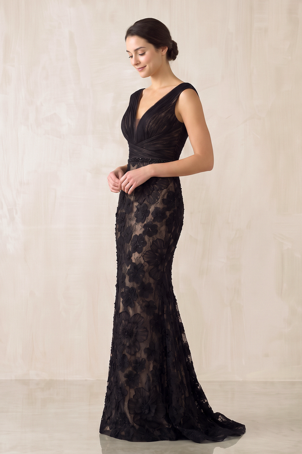 Appliqued Plunge Mermaid Tulle Wedding Dress in Black - KISS BRIDAL Wedding Dresses