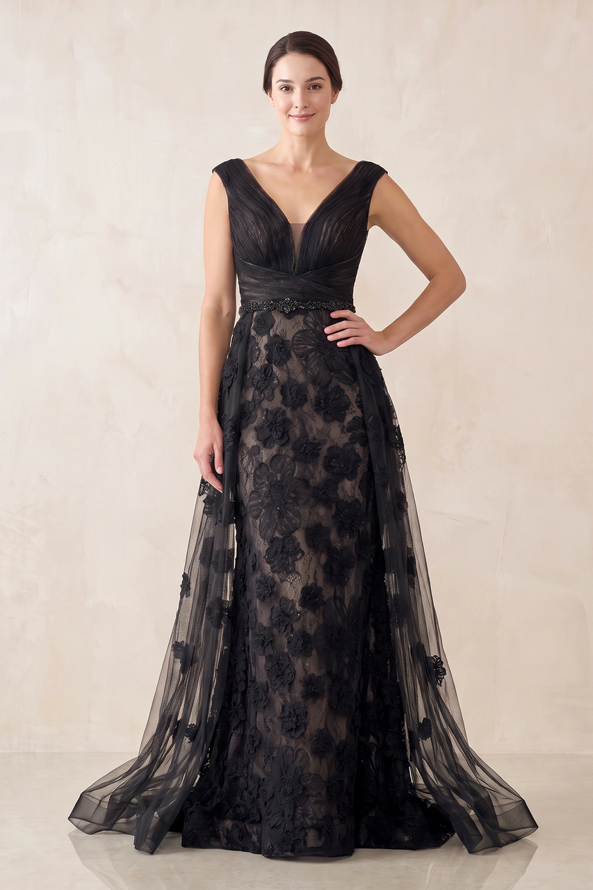 Appliqued Plunge A-Line Tulle Maxi Dress in Black