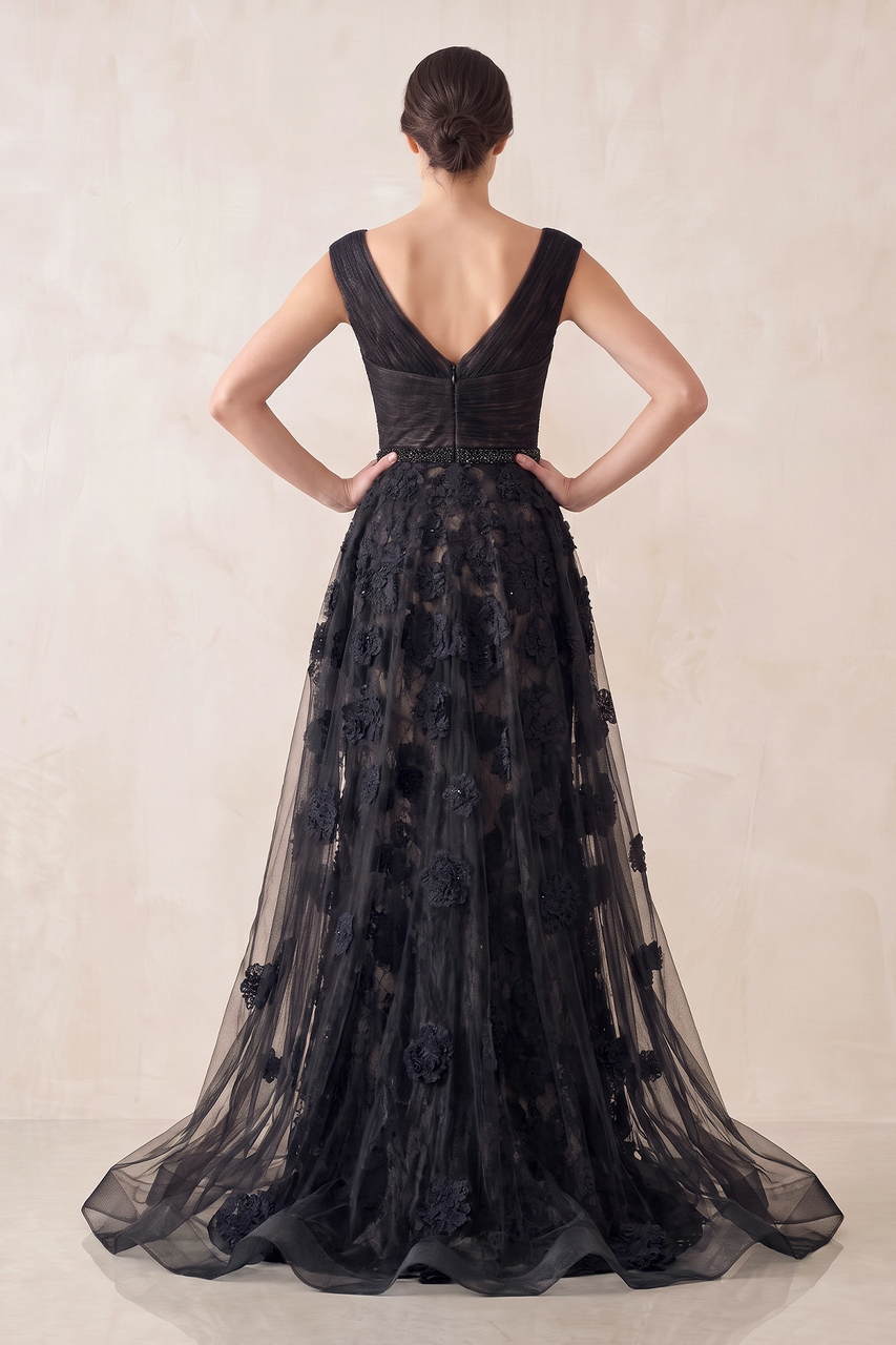 Appliqued Plunge A-Line Tulle Maxi Dress in Black