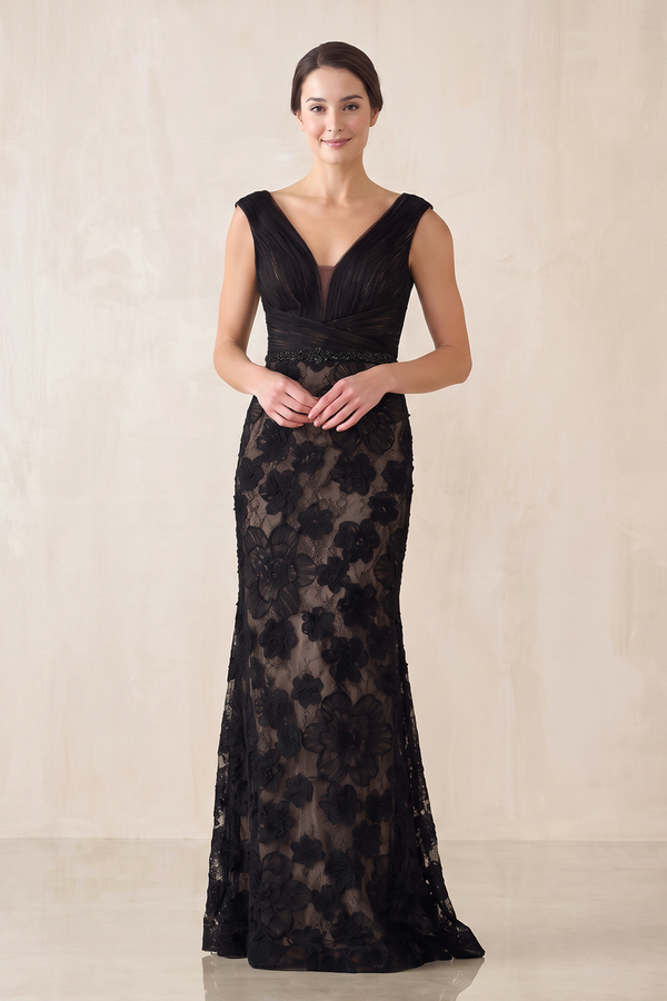 Appliqued Plunge Mermaid Tulle Wedding Dress in Black - KISS BRIDAL Wedding Dresses
