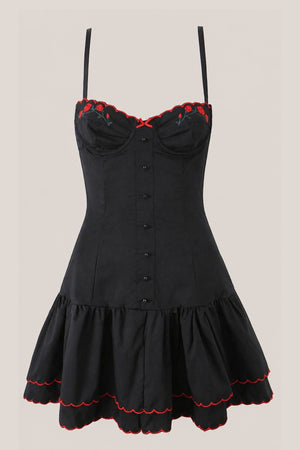Appliqued Ruffled Sweetheart Cotton Mini Dress in Black - SHE IS ME Dresses