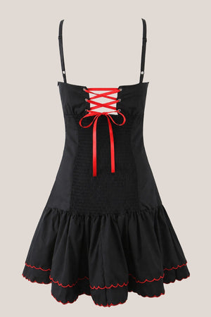Appliqued Ruffled Sweetheart Cotton Mini Dress in Black - SHE IS ME Dresses