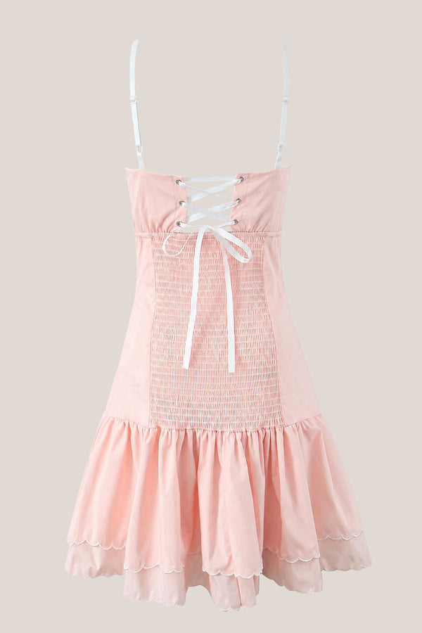 Appliqued Ruffled Sweetheart Cotton Mini Dress in Pink - SHE IS ME Dresses