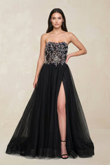 Appliqued Strapless Tulle A - Line Wedding Dress with Slit in Black - KISS BRIDAL Wedding Dresses