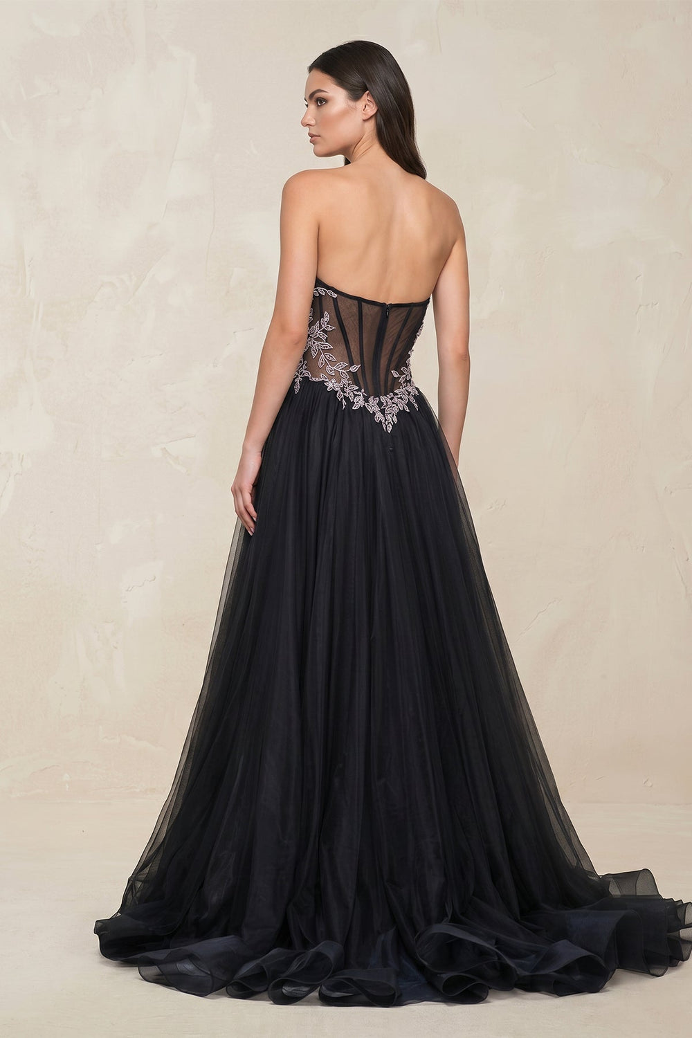 Appliqued Strapless Tulle A - Line Wedding Dress with Slit in Black - KISS BRIDAL Wedding Dresses