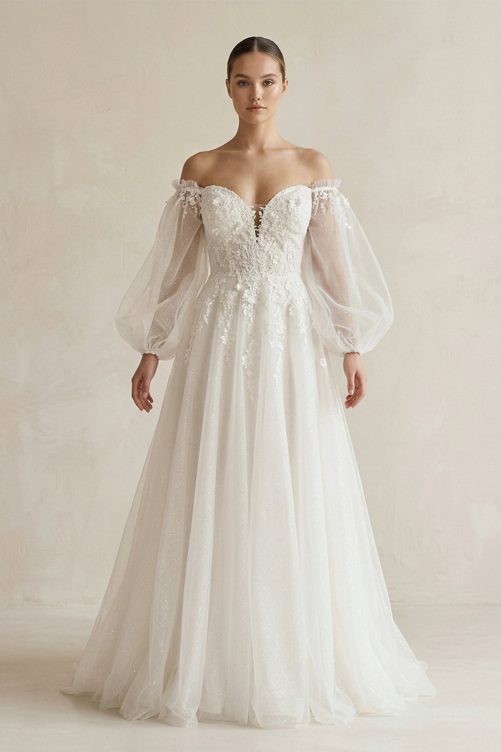 Appliqued Tulle A - Line Off - the Shoulder Wedding Dress With Sleeve in White - KISS BRIDAL Wedding Dresses