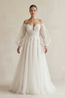 Appliqued Tulle A - Line Off - the Shoulder Wedding Dress With Sleeve in White - SHE IS ME Wedding Dresses