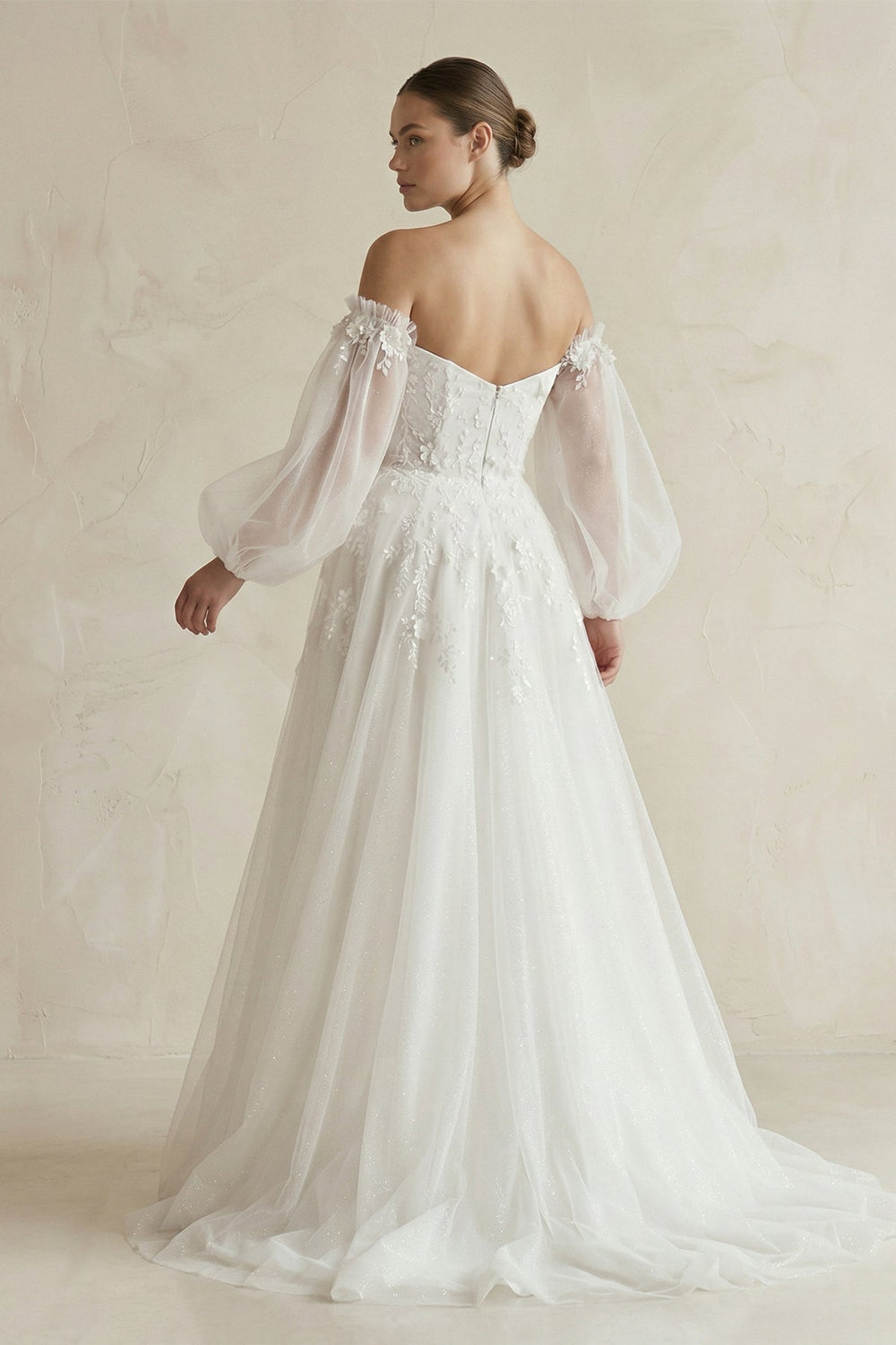 Appliqued Tulle A - Line Off - the Shoulder Wedding Dress With Sleeve in White - KISS BRIDAL Wedding Dresses