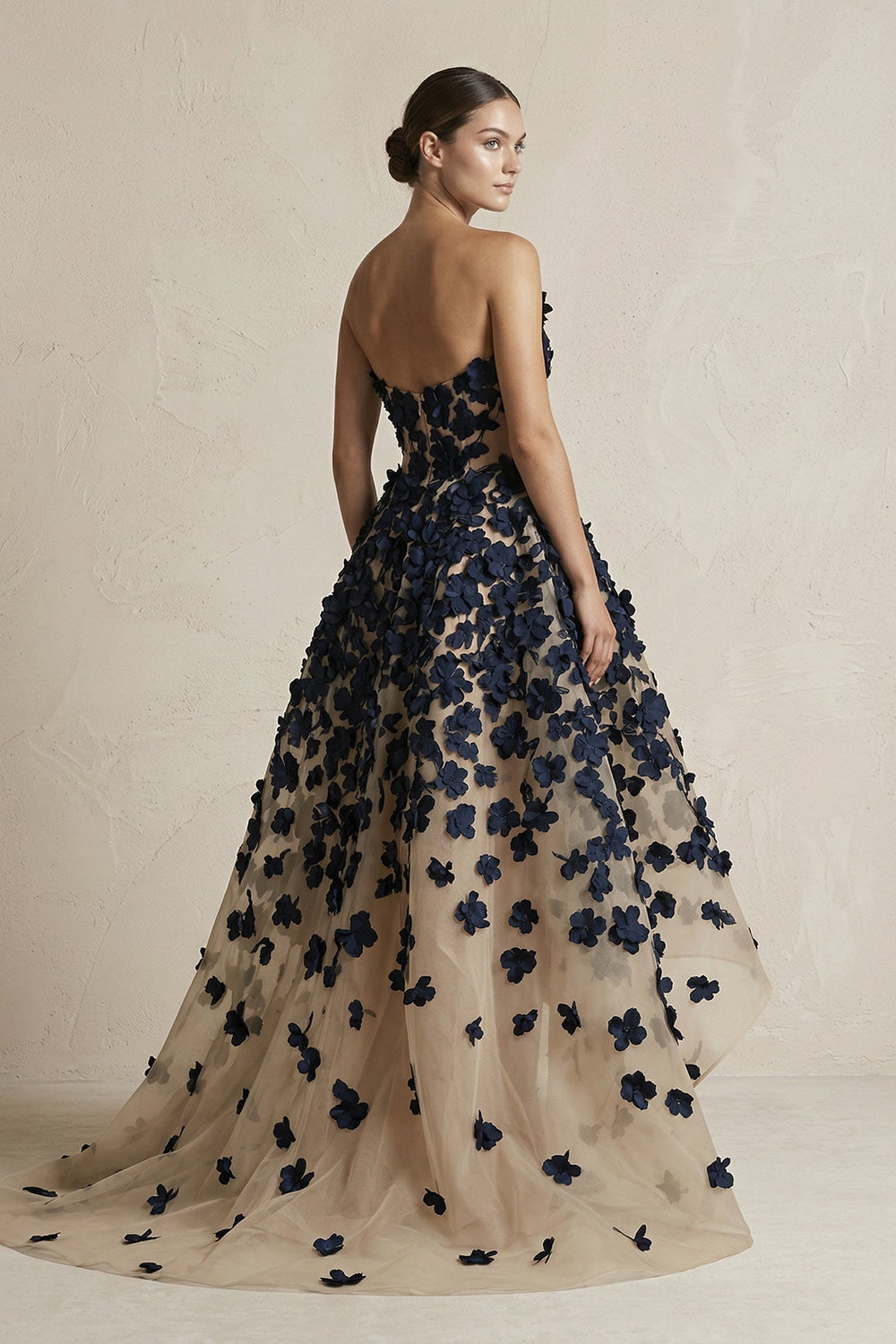 Appliqued Tulle A - Line V - neck Wedding Dress in Black and Nude - KISS BRIDAL Wedding Dresses