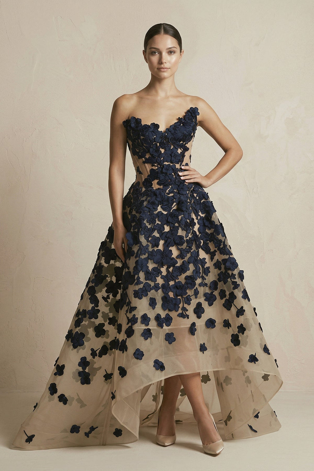 Appliqued Tulle A - Line V - neck Wedding Dress in Black and Nude - KISS BRIDAL Wedding Dresses