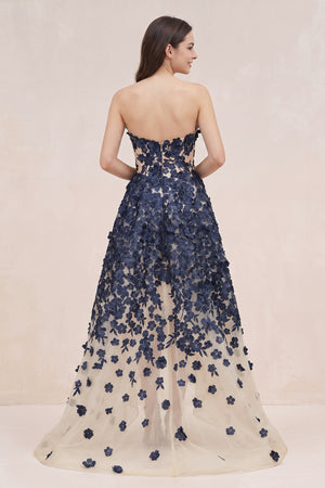 Navy Appliqued Tulle A-Line V-neck Wedding Dress - KISSBRIDAL