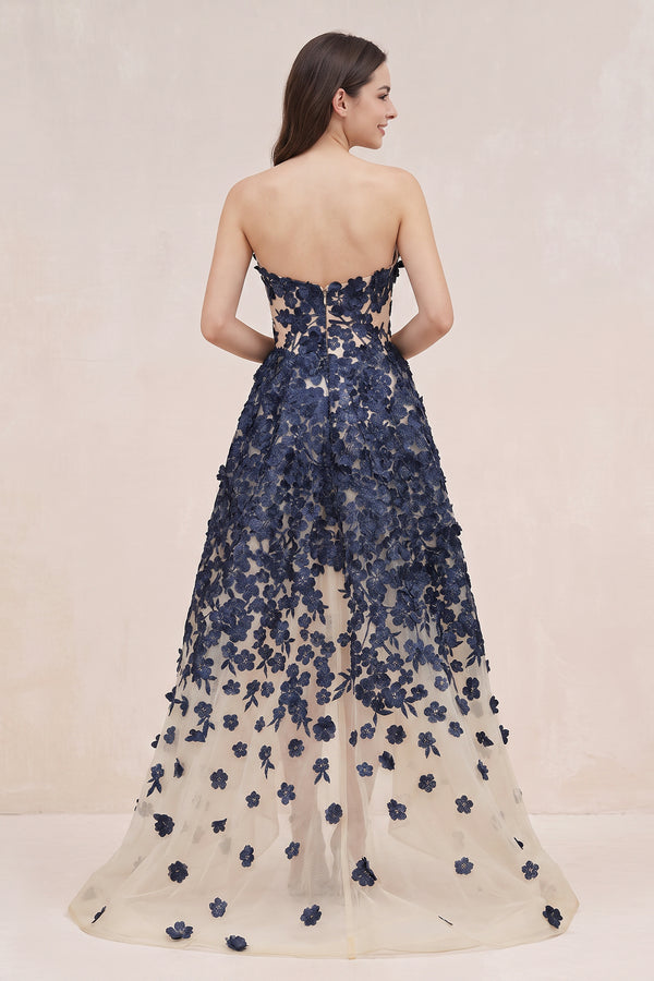 Navy Appliqued Tulle A-Line V-neck Wedding Dress - KISSBRIDAL