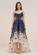 Navy Appliqued Tulle A-Line V-neck Wedding Dress - KISSBRIDAL