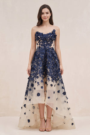 Navy Appliqued Tulle A-Line V-neck Wedding Dress - KISSBRIDAL