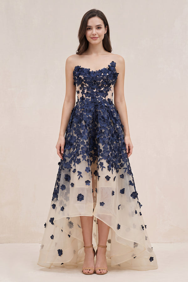 Navy Appliqued Tulle A-Line V-neck Wedding Dress - KISSBRIDAL