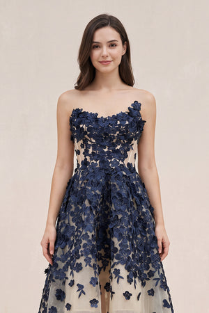 Navy Appliqued Tulle A-Line V-neck Wedding Dress - KISSBRIDAL