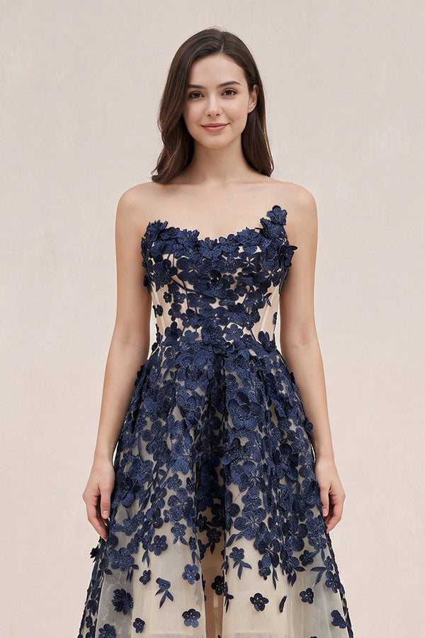 Navy Appliqued Tulle A-Line V-neck Wedding Dress - KISSBRIDAL