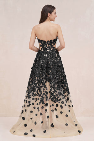 Black and Nude Appliqued Tulle A-Line V-neck Wedding Dress - KISSBRIDAL